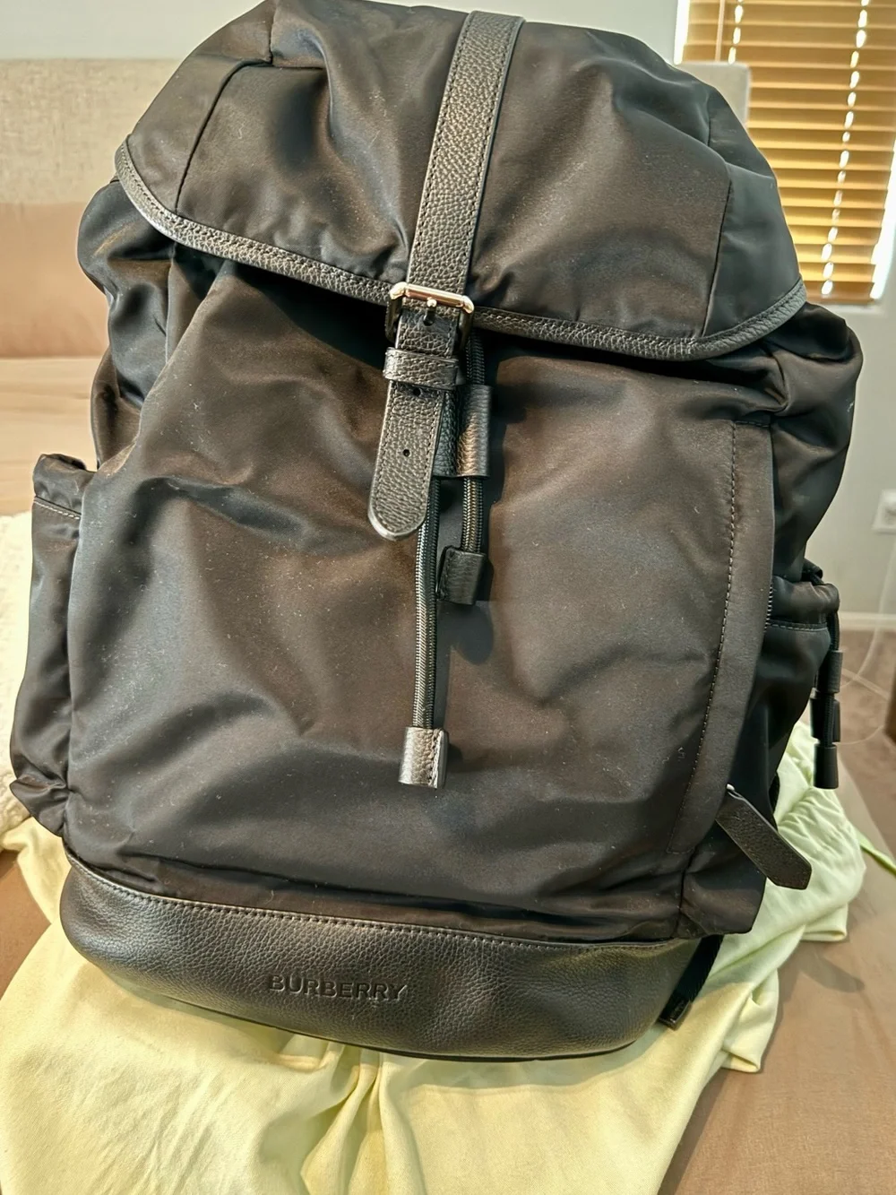 AUTHENTIC Burberry Diaper Bag Backpack. With Black nylon and leather trim.